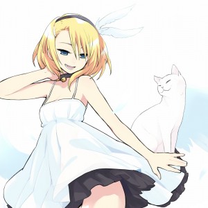 Konachan.com - 80676 Animal Blonde_hair Blue_eyes Cat Dress Feathers Kagamine_rin Vocaloid