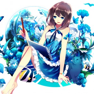 Konachan.com - 147878 Animal Blue_eyes Brown_hair Butterfly Cat Fish Original Xianguang