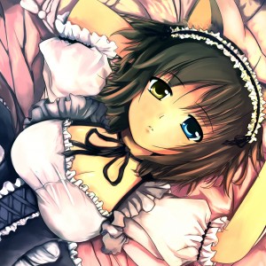 Konachan.com - 75544 Animal_ears Bed Bicolored_eyes Brown_hair Catgirl Cleavage Maid Original