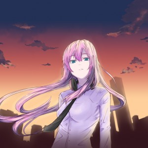 Konachan.com - 78758 Clouds Green_eyes Headphones Long_hair Megurine_luka Pink_hair Vocaloid