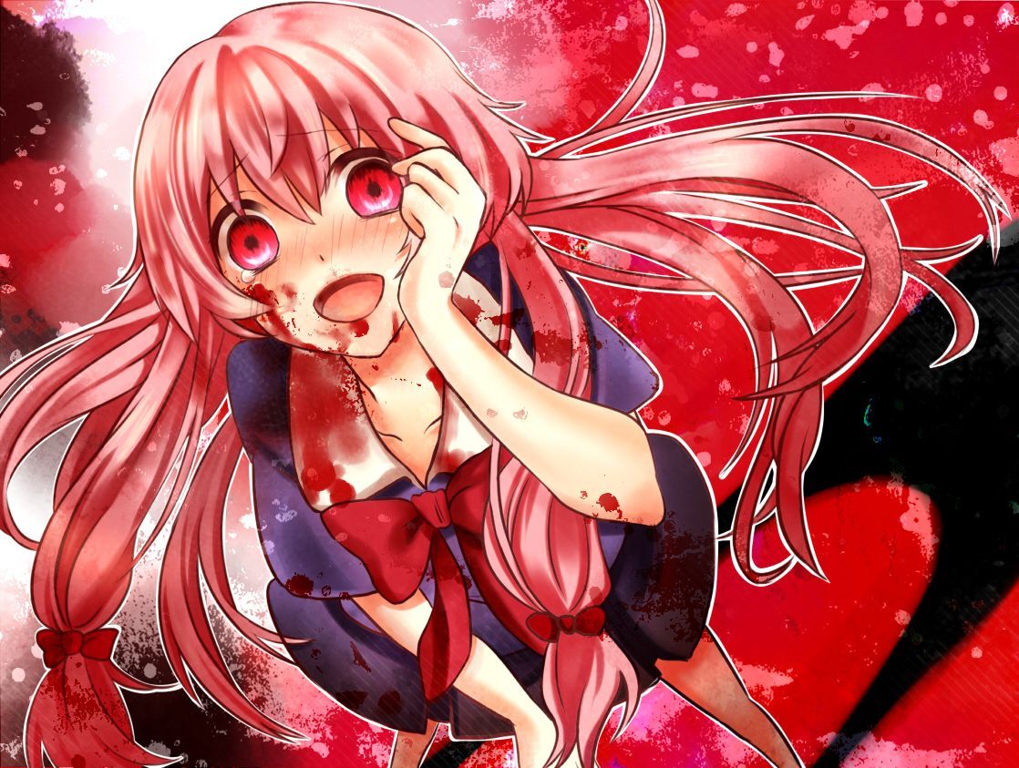 Konachan.com - 140827 Blood Blush Gasai_yuno Long_hair Mirai_nikki Pink_eyes Pink_hair Ribbons