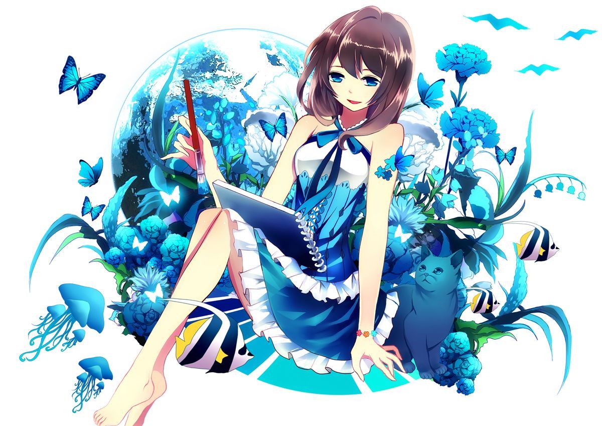 Konachan.com - 147878 Animal Blue_eyes Brown_hair Butterfly Cat Fish Original Xianguang