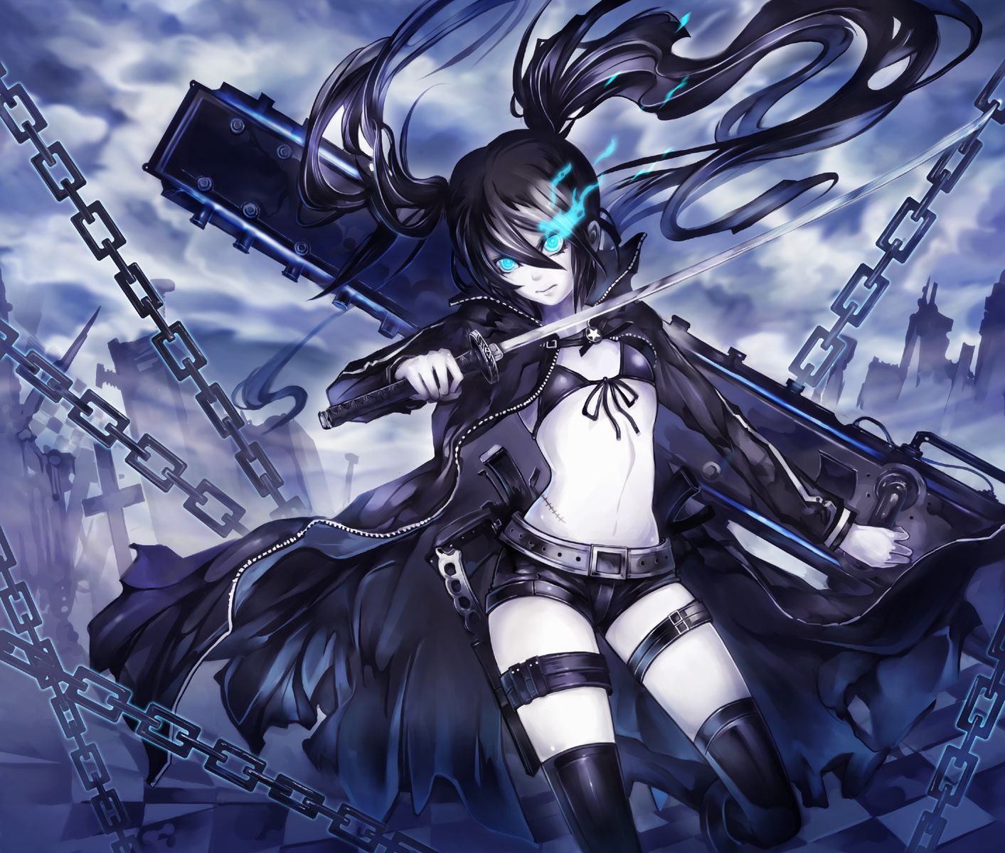 Konachan.com - 64351 Black_rock_shooter Kuroi_mato Long_hair Thighhighs Twintails