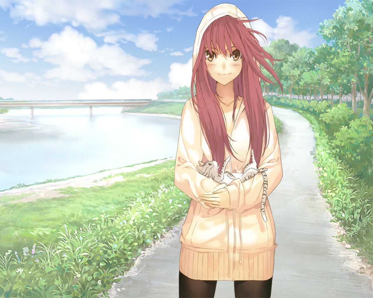 Konachan.com - 77574 Animal Blush Brown_eyes Cat Landscape Red_hair Scenic