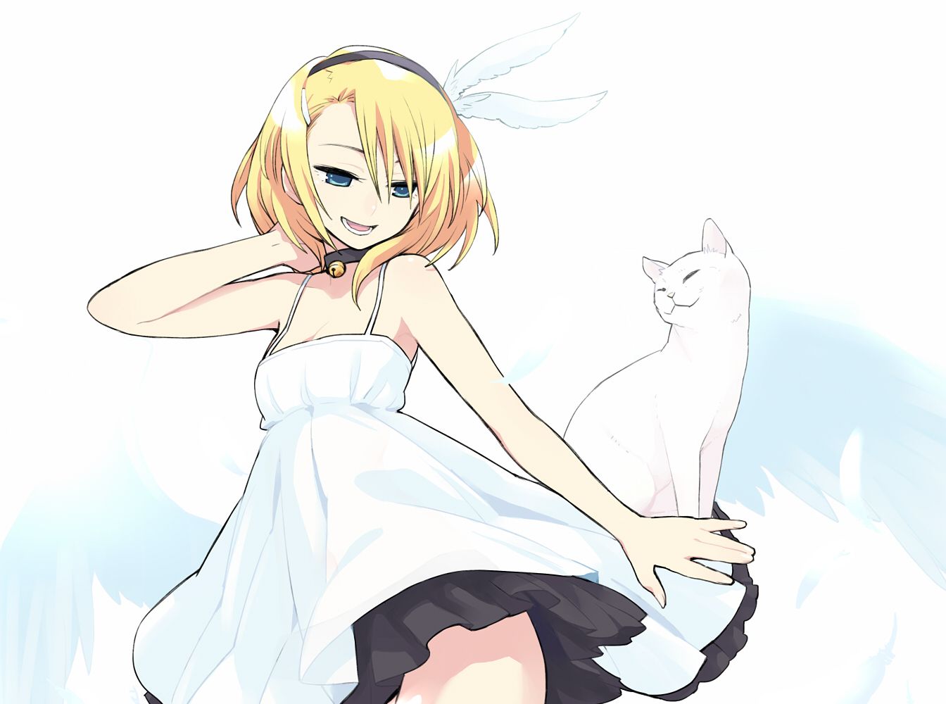 Konachan.com - 80676 Animal Blonde_hair Blue_eyes Cat Dress Feathers Kagamine_rin Vocaloid