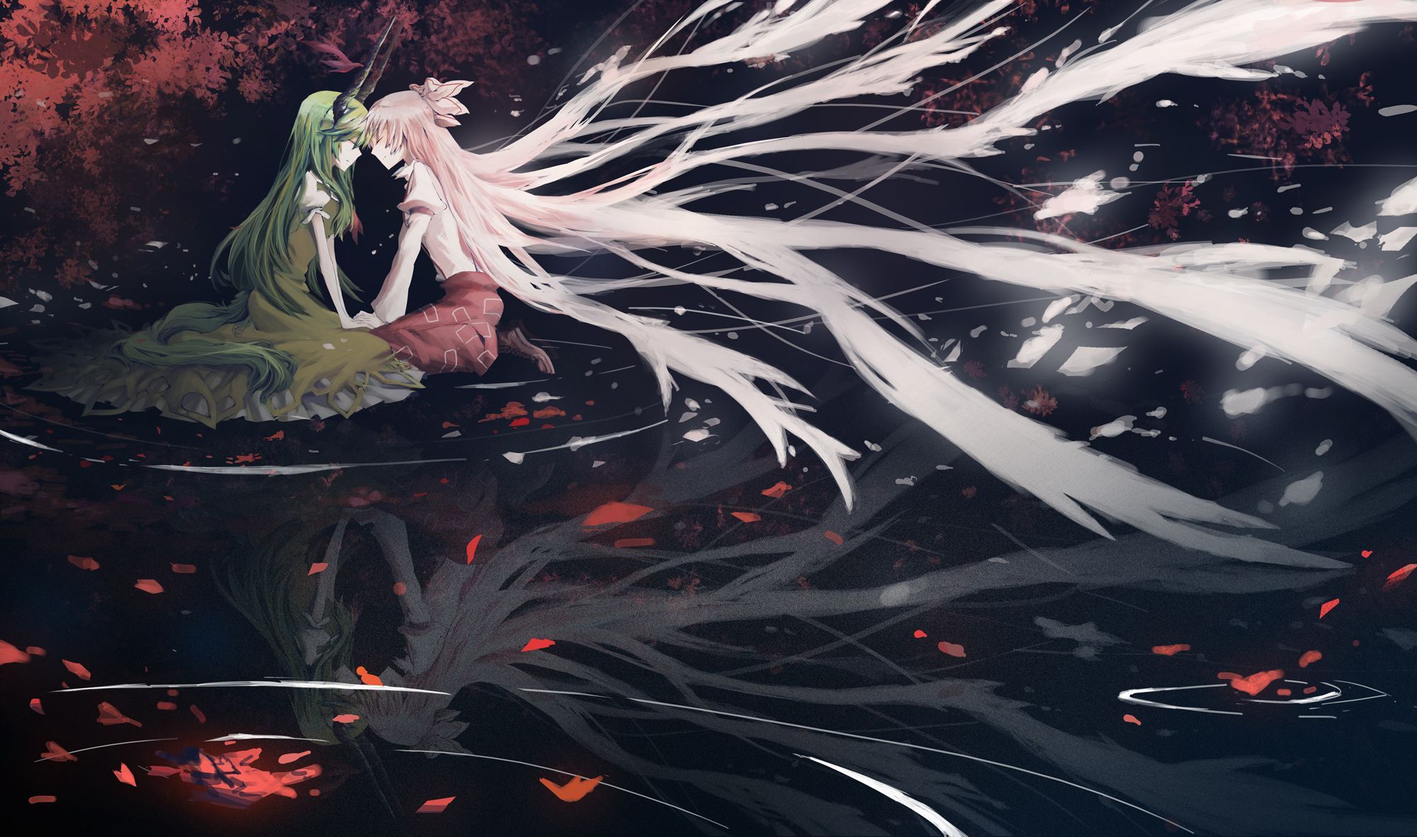 Konachan.com - 87628 Fujiwara_no_mokou Kamishirasawa_keine Leaves Nyki Petals Touhou Water